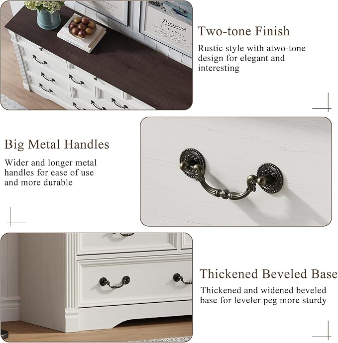 Yaamizz 60" Wide 10 Drawer Dresser Storage for Bedroom, Farmhouse Dresser with Wood Pilasters & Metal Handles, Drawer Organizer for Bedroom, Vintage Design, Hallway, White
