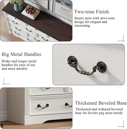 Yaamizz 60" Wide 10 Drawer Dresser Storage for Bedroom, Farmhouse Dresser with Wood Pilasters & Metal Handles, Drawer Organizer for Bedroom, Vintage Design, Hallway, White
