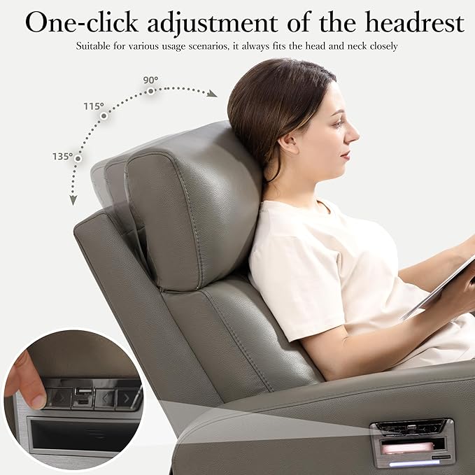 Genuine Leather Power Swivel Recliner Chair, Glider Electric Rocking Chair for Adults. Nursery Rocker Sofa Chair with Adjustable Headrest for Living Room. Wireless Charging/Type-C&USB, Grey