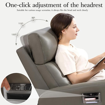 Genuine Leather Power Swivel Recliner Chair, Glider Electric Rocking Chair for Adults. Nursery Rocker Sofa Chair with Adjustable Headrest for Living Room. Wireless Charging/Type-C&USB, Grey