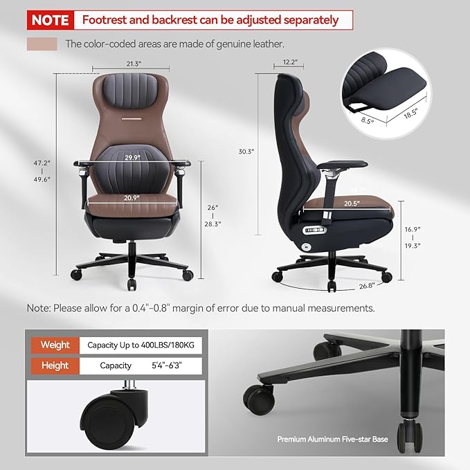 EMIAH Ergonomic Office Chair with Foot Rest Electric Reclining Office Chair with Adjustable Headrest, 8D Coordinated Armrests High Back Computer Desk Chair with Lumbar Support, Genuine Leather(Black)