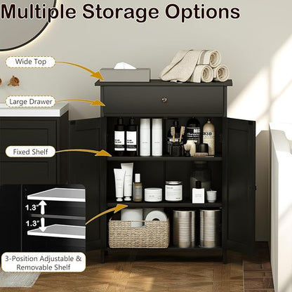 Tangkula Bathroom Storage Cabinet, Freestanding Floor Organizer w/ 2 Doors, 1 Drawer & 1 Adjustable Shelf, Modern Home Bathroom Furniture for Living Room Entryway Kitchen (Cabinet & Drawer, Black)