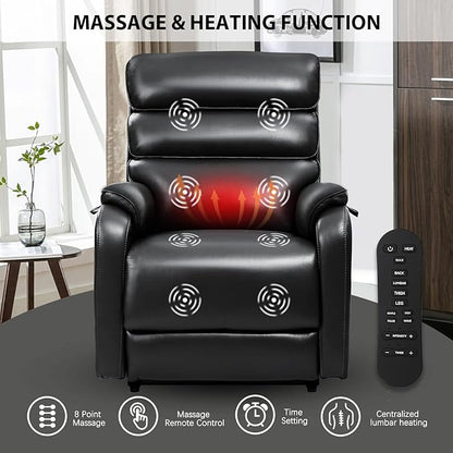 EONIX Dual Motor Lay Flat Power Lift Recliner Chair for Elderly, Faux Leather Electric Lift Chairs for Adults, 400lbs Heavy Duty Power Recliner with Heat Massage Charging Ports, SLRY003, Black