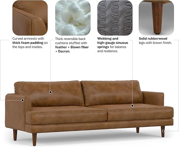 SIMPLIHOME Livingston 90-inch Wide Sofa in Caramel Brown Top Grain Genuine Leather, Handcrafted Mid-Century Modern Couch for Living Room, Large 3-Seater with Feather-Wrapped Cushions