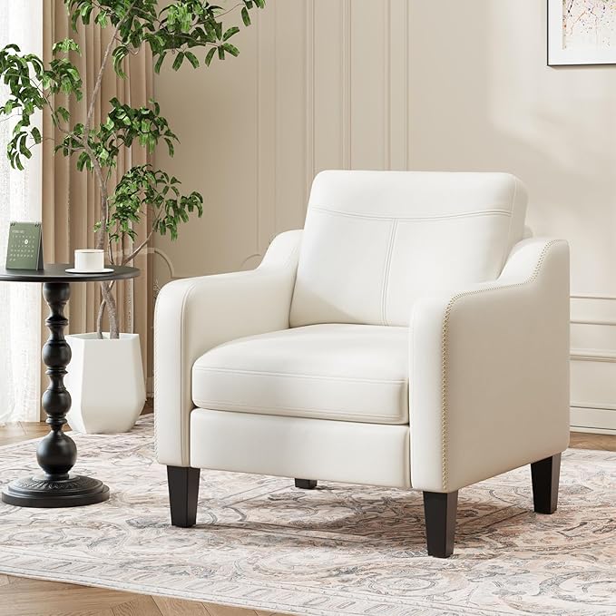 PU Leather Accent Chair, Mid-Century Modern Living Room Armchair Sofa with Removable Cushions, Solid Wood Frame & Stitched Armrest Design, Bedroom Chair with Plastic Legs, Beige
