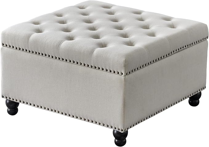 Ottoman with Storage, Large Storage Ottoman, 30 in Square Ottoman Coffee Table,Tufted Upholstered Coffee Tables for Living Room, Beige
