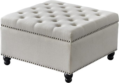 Ottoman with Storage, Large Storage Ottoman, 30 in Square Ottoman Coffee Table,Tufted Upholstered Coffee Tables for Living Room, Beige