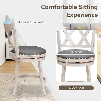 COSTWAY Bar Stool Set of 2 for Kitchen Island, 25.5” Swivel Armless Counter Height Stools with 20'' Wider Padded Seat, Ergonomic Curved Backrest, Rubber Wood Frame (2, Antique White + Gray)
