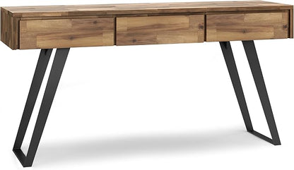 SIMPLIHOME Lowry SOLID ACACIA WOOD and Metal 60 Inch Wide Modern Industrial Console Sofa Table in Distressed Golden Wheat, For the Living Room, Entryway and Bedroom
