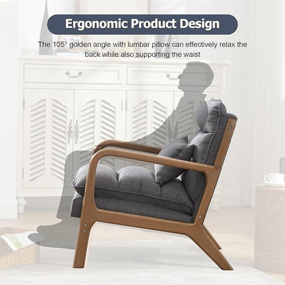INZOY Mid Century Modern Accent Chair with Wood Frame, Upholstered Reading Armchair with Waist Cushion, Double Padded Accent Chair, Side Chair for Living Room Bedroom Office, Easy Assembly, Grey