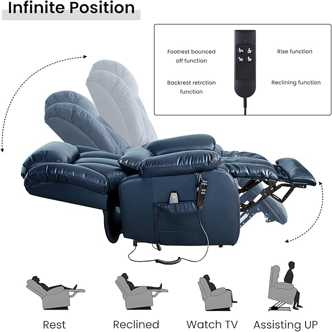 TEKAMON Power Lift Recliner Chair for Elderly with Heat & Massage, Dual Motor Genuine Leather Recliner, Lay Flat Sleeping Chairs with Infinite Position, RemoteControl(Deep Blue, Extended)