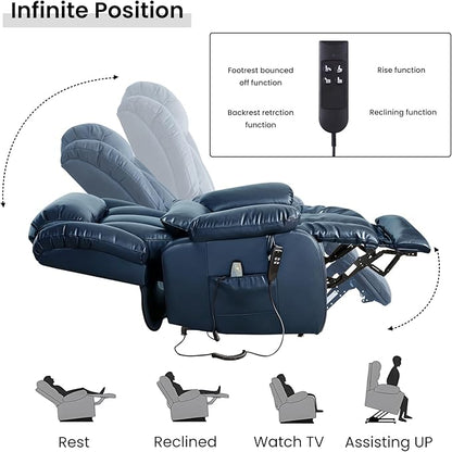 TEKAMON Power Lift Recliner Chair for Elderly with Heat & Massage, Dual Motor Breathable Leather Recliner, Lay Flat Sleeping Chairs with Infinite Position, RemoteControl(Deep Blue, Extended)