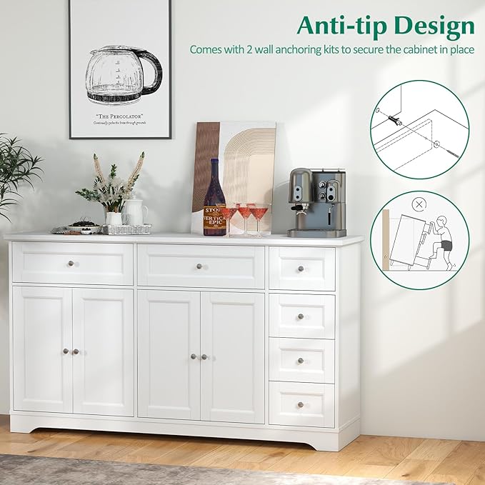 Giantex Large Buffet Cabinet with Storage, 59” Kitchen Cabinet with 4 Doors, 6 Drawers & 2 Adjustable Shelves, Modern Sideboard for Living Room, Coffee Bar, White
