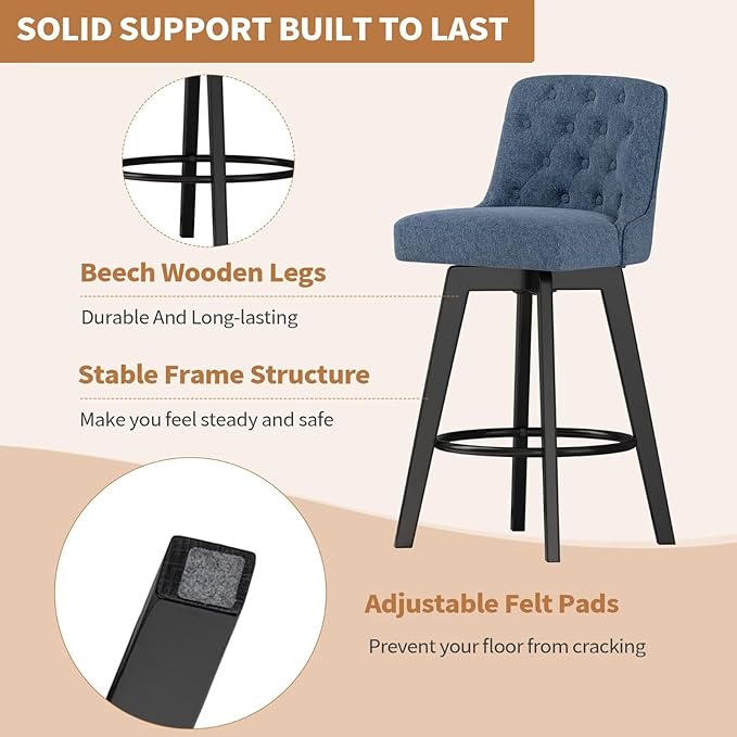 MINCETA Bar Stool, 30 Inch Upholstered Barstool with Low Tufted Back and Footrest, Swivel Counter Height Barstool for Kitchen Island Home Bar Performance Fabric Navy Blue
