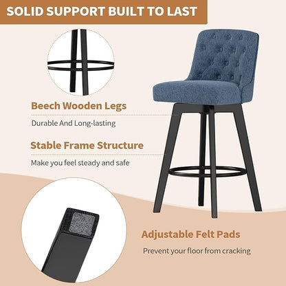 MINCETA Bar Stool, 30 Inch Upholstered Barstool with Low Tufted Back and Footrest, Swivel Counter Height Barstool for Kitchen Island Home Bar Performance Fabric Navy Blue