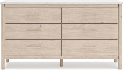 Signature Design by Ashley Cadmori Casual Bohemian Dresser with Post Legs and 6 Drawers, Replicated Marble Top, Wood, 35" High, White and Light Brown Finish