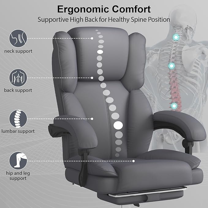 Big and Tall Office Chair, Executive Home Office Desk Chair, Leather Computer Chair with Retractable Footrest, Adjustable Headrest and Reclining Height, Padded Arms, 360°Swivel Free, Wide Seat, Gray