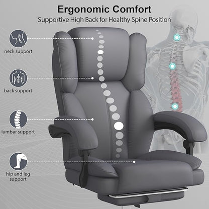 Big and Tall Office Chair, Executive Home Office Desk Chair, Leather Computer Chair with Retractable Footrest, Adjustable Headrest and Reclining Height, Padded Arms, 360°Swivel Free, Wide Seat, Gray