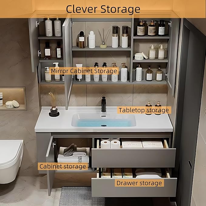 52IN Suspended Bathroom Cabinet Combo Set - Fully Functional LED Mirror with Smart Defogging & Time Display | Bathroom Vanity with Sink,Side Cabinet Storage Compartment (Style C)