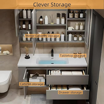 40IN Suspended Bathroom Cabinet Combo Set - Fully Functional LED Mirror with Smart Defogging & Time Display | Bathroom Vanity with Sink,Side Cabinet Storage Compartment (Style A)