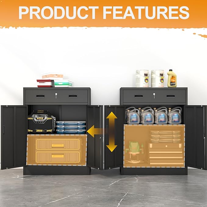 Metal Storage Cabinet, 36 Inch Tall Metal Storage Cabinet with Doors and Shelves, Pantry Cabinets with Drawer for Kitchen Storage, Garage Cabinet for Living, Dining Room, Assemble Required.