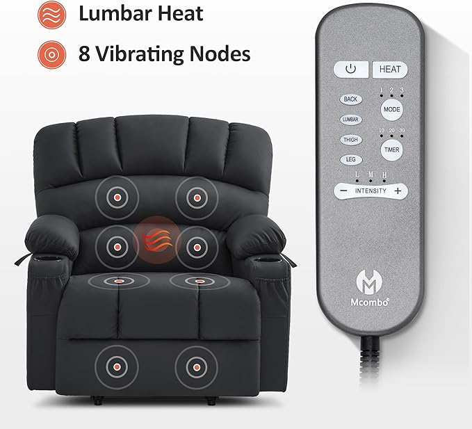 MCombo Power Lift Recliner Chair for Elderly, Lift Chair with Heat and Massage, Extra Wide Lift Recliner for Big People, Faux Leather R7096 (Medium-Wide, Black)