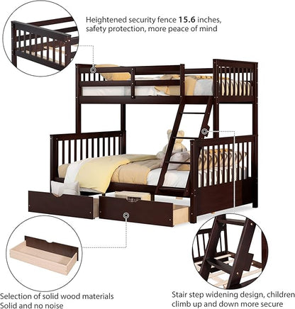 Merax Wood Bunk Bed with Two Drawers,Convertible Wood Bunk Bed with Ladders and Two Storage Drawers,Solid Wood Detachable Bed Frame with Ladders, Twin Over Full Size, Espresso