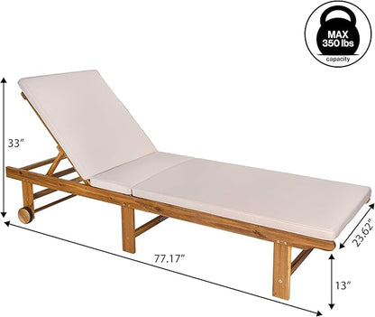 JONATHAN Y LNG1102A Mallorca 77.17"x23.62" Modern Classic Foldable Adjustable Wood Chaise Outdoor Lounge Chair with Cushion & Wheels, for Pool, Deck, Poolside, Beige/Natural