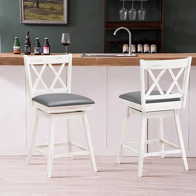 COSTWAY Bar Stool Set of 2, 360° Swivel Counter Height 25inch Bar Stool with Foot Rest Upholstered Cushion & Ergonomic Backrest, Sturdy Frame, for Pub, Kitchen Islands (2, Antique White + Grey)