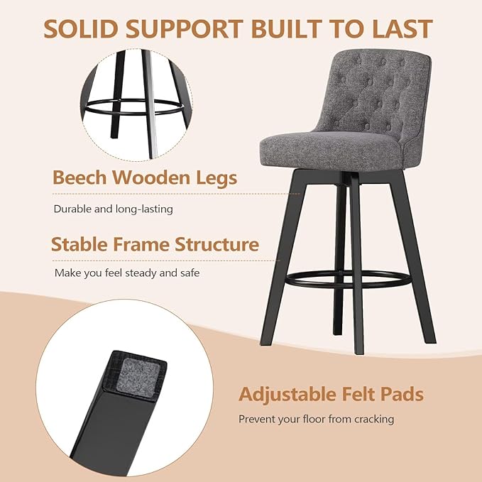MINCETA Bar Stool, 30 Inch Upholstered Barstool with Low Tufted Back and Footrest, Swivel Counter Height Barstool for Kitchen Island Home Bar Performance Fabric Gray
