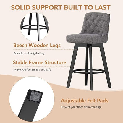 MINCETA Bar Stool, 30 Inch Upholstered Barstool with Low Tufted Back and Footrest, Swivel Counter Height Barstool for Kitchen Island Home Bar Performance Fabric Gray