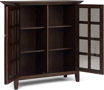 SIMPLIHOME Acadian Storage Cabinet - 39 inch Wide Solid Wood 4-Shelf Display Cabinet in Natural Aged Brown, Transitional Cupboard for Living Room or Dining Room with Glass Doors and Adjustable Shelves