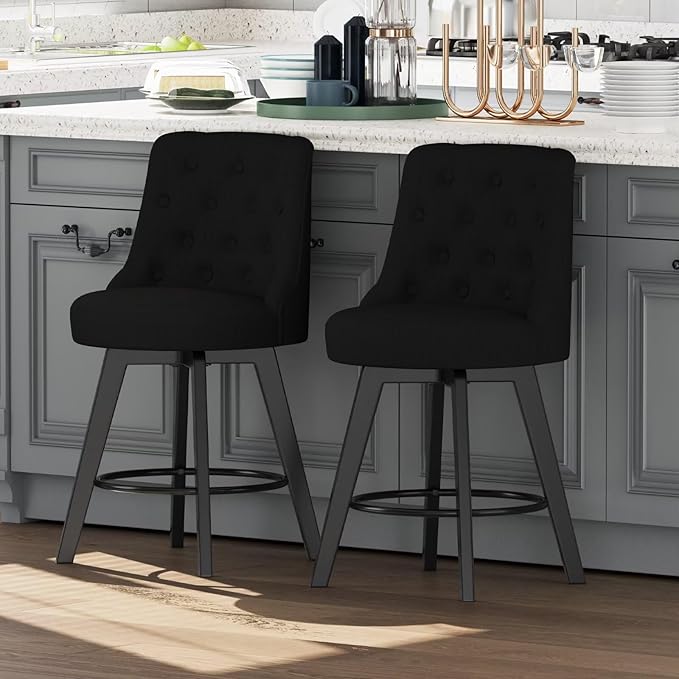 MINCETA Set of 2 Upholstered Bar Stools - 26 Inch Swivel Counter Height Stools with Low Tufted Back, Footrest & Performance Fabric - Round Seat for Kitchen Island & Home Bar Black