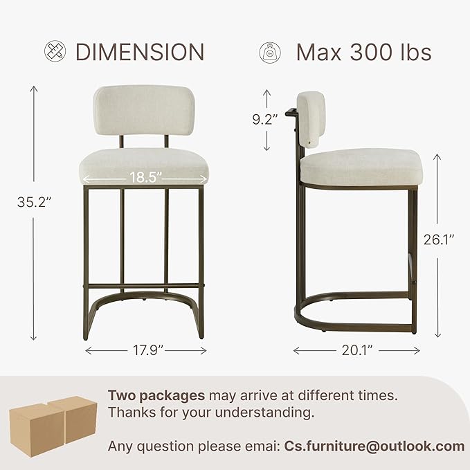 26" H Counter Height Bar Stools Set of 4, Modern Linen Fabric Upholstered Barstools with Backrest for Kitchen Island, Gold Metal Frames, Linen