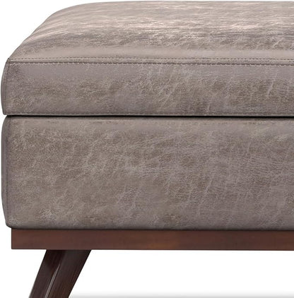 SIMPLIHOME Owen 40 inch Wide Mid Century Modern Square XL Coffee Table Storage Ottoman in Distressed Grey Taupe Vegan Faux Leather, Assembled, for The Living Room, Entryway and Family Room