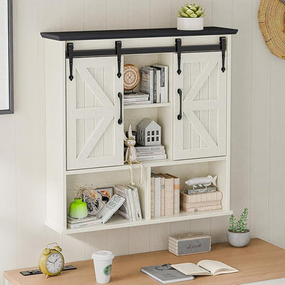 Vabches Bathroom Wall Cabinet, Farmhouse Medicine Cabinet with Double Sliding Barn Door and Adjustable Shelves, Wooden Vintage Storage Cabinet Wall Mounted for Bathroom, Kitchen, White and Black