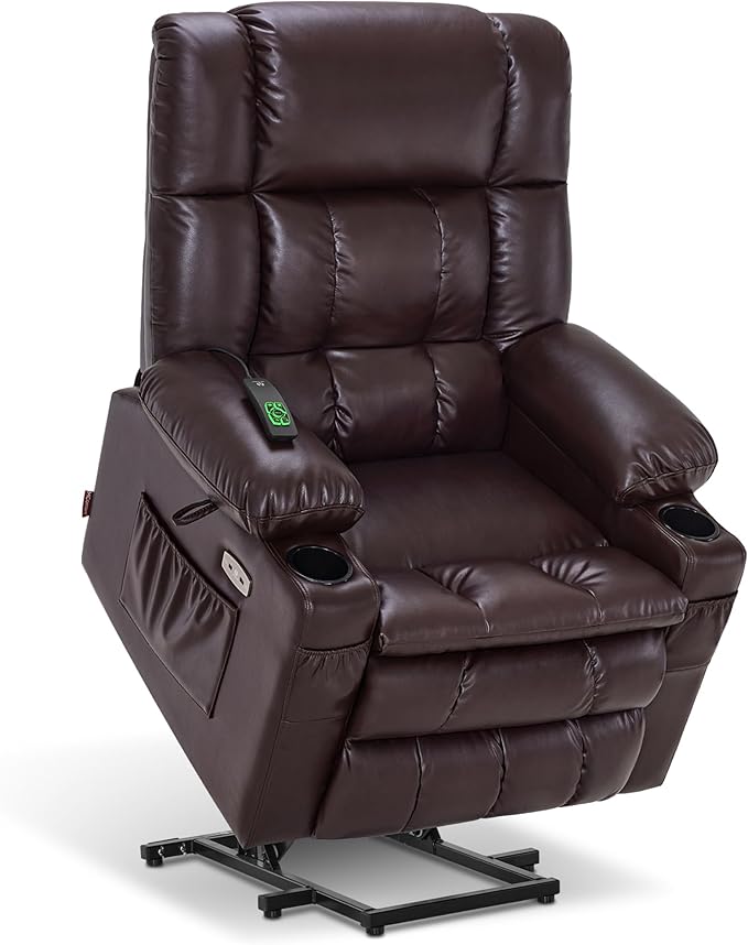 MCombo Dual Motor Power Lift Recliner Chair for Elderly, Lay Flat Lift Chair with Heat and Massage, Cup Holders, USB Ports, Faux Leather 7890 (Dark Brown, Medium)
