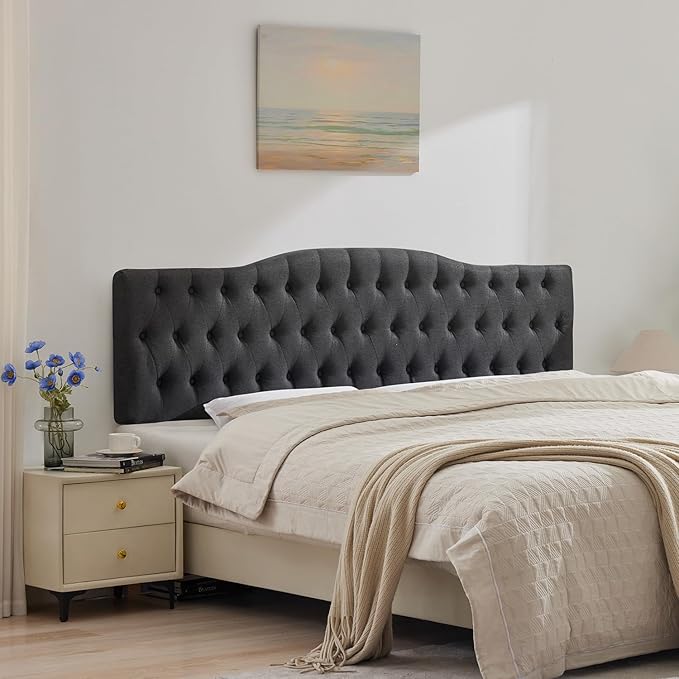 Upholstered Queen Headboard, Button Diamond Tufted Headboard with Adjustable Height and Solid Wood Leg, Velvet Padded Headboards for Queen Size Bed, Modern Head Board, Dark Grey