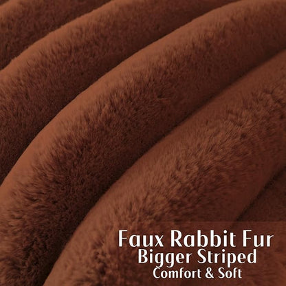 FUTEI Rust Decorative Throw Pillow Covers 24x24 Inch Set of 2, Square Soft Faux Rabbit Fur Big Striped Pillow Sham,Home Decor for Couch Sofa Bed Living Room