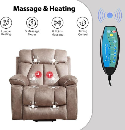 Large Power Lift Recliner Chair with Massage and Heat for Elderly, Wide Padded Recliner with 2 Cup Holders, Side Pocket & USB Charger (1, Khaki)