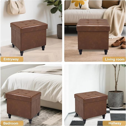 GLAXYFUR Storage Ottoman Bench, 15 Inches Foldable Ottoman Foot Stool with Legs, PU Leather Footrest for Living Room, Bedroom, Dorm (Brown)