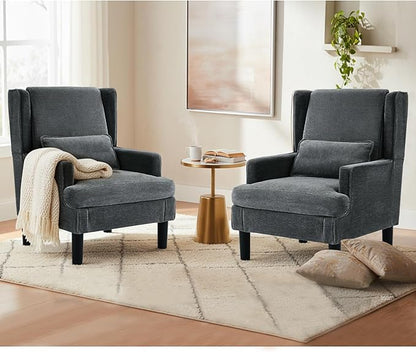 Accent Chair for Living Room Chairs Upholstered Oversized Reading Chair Armchair Accent Chairs Set of 2 Living Room Chair with High Back and Wood Legs,Arm Chair Comfy Chair for Bedroom(Dark Grey)