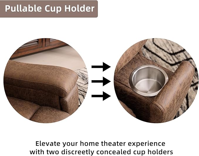 Leather Recliner Chair, Manual Recliner Chair for Adults with Overstuffed Arms and Back, Single Sofa Recliner with Cup Holders for Living Room (1, Nut Brown)