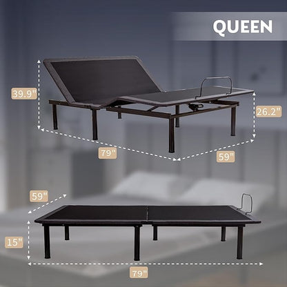 Queen Adjustable Bed Base Frame with Wireless Remote + 14 Inch Queen Gel Memory Foam Mattress Bed in a Box, Head and Foot Incline, Zero Gravity, Fiberglass Free, 80" × 60"