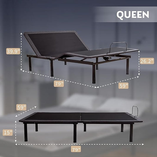 Queen Adjustable Bed Base Frame with Wireless Remote + 12 Inch Queen Gel Memory Foam Mattress Bed in a Box, Head and Foot Incline, Zero Gravity, Fiberglass Free, 80" × 60"