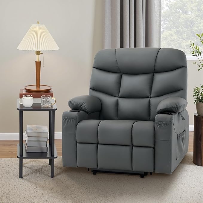 MCombo Oversized Power Lift Recliner Chair with Extended Footrest for Elderly People, Faux Leather R7289 (Dark Grey, Oversize)