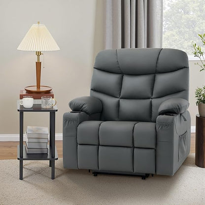 MCombo Oversized Power Lift Recliner Chair with Extended Footrest for Elderly People, Faux Leather R7289 (Dark Grey, Oversize)