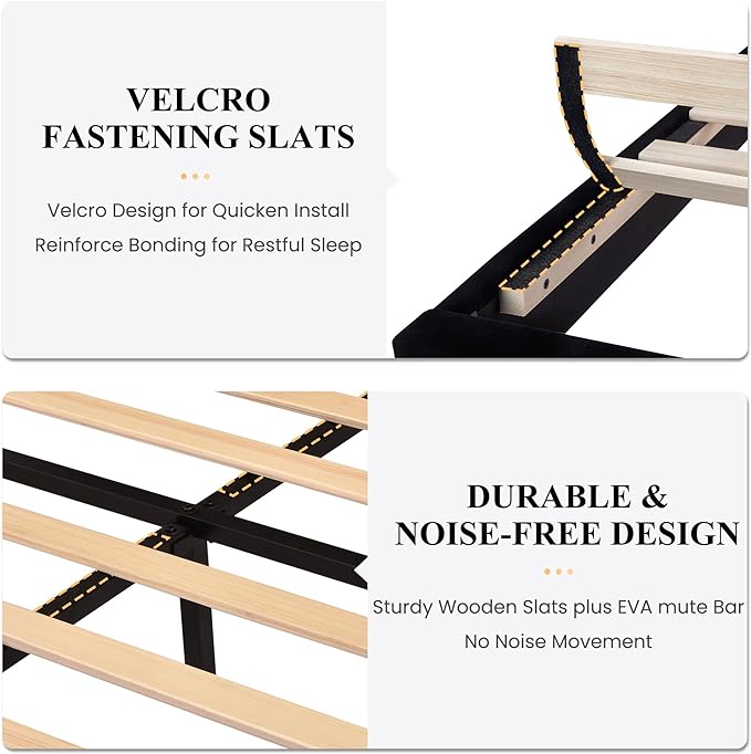 SHA CERLIN King Platform Bed Frame with Velvet Upholstered Headboard, Mattress Foundation with Strong Wooden Slats Support, No Box Spring Needed, Black