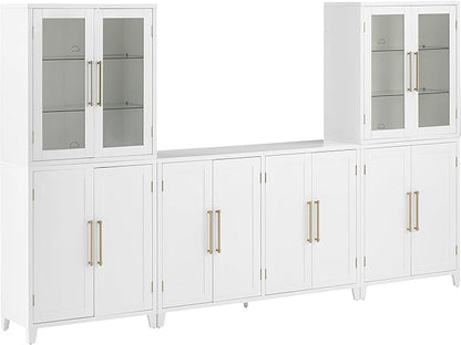 Crosley Furniture Roarke 3-Piece Modern Glass Door Sideboard Buffet Cabinet and Kitchen Storage Pantry Set, White