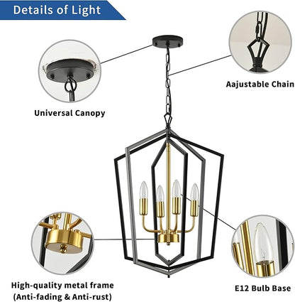 18.1" Chandeliers for Dining Room, 4-Light Farmhouse Foyer Lighting Fixtures, Modern Pendant Lights Kitchen Island, Black and Gold Lantern Pendant Light, for Bedroom, Entryway, Staircase